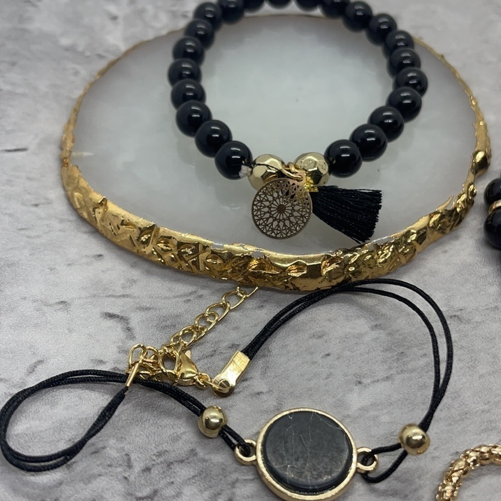 Boho Chic Black Marble Beaded Layering Bracelet Set - Picture 9 of 13
